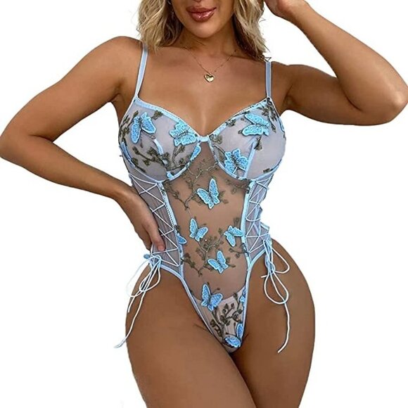 Sexy Lace Up Floral Embroidered Teddy Lingerie Bodysuit Top Mesh Sheer One Piece - Picture 5 of 8